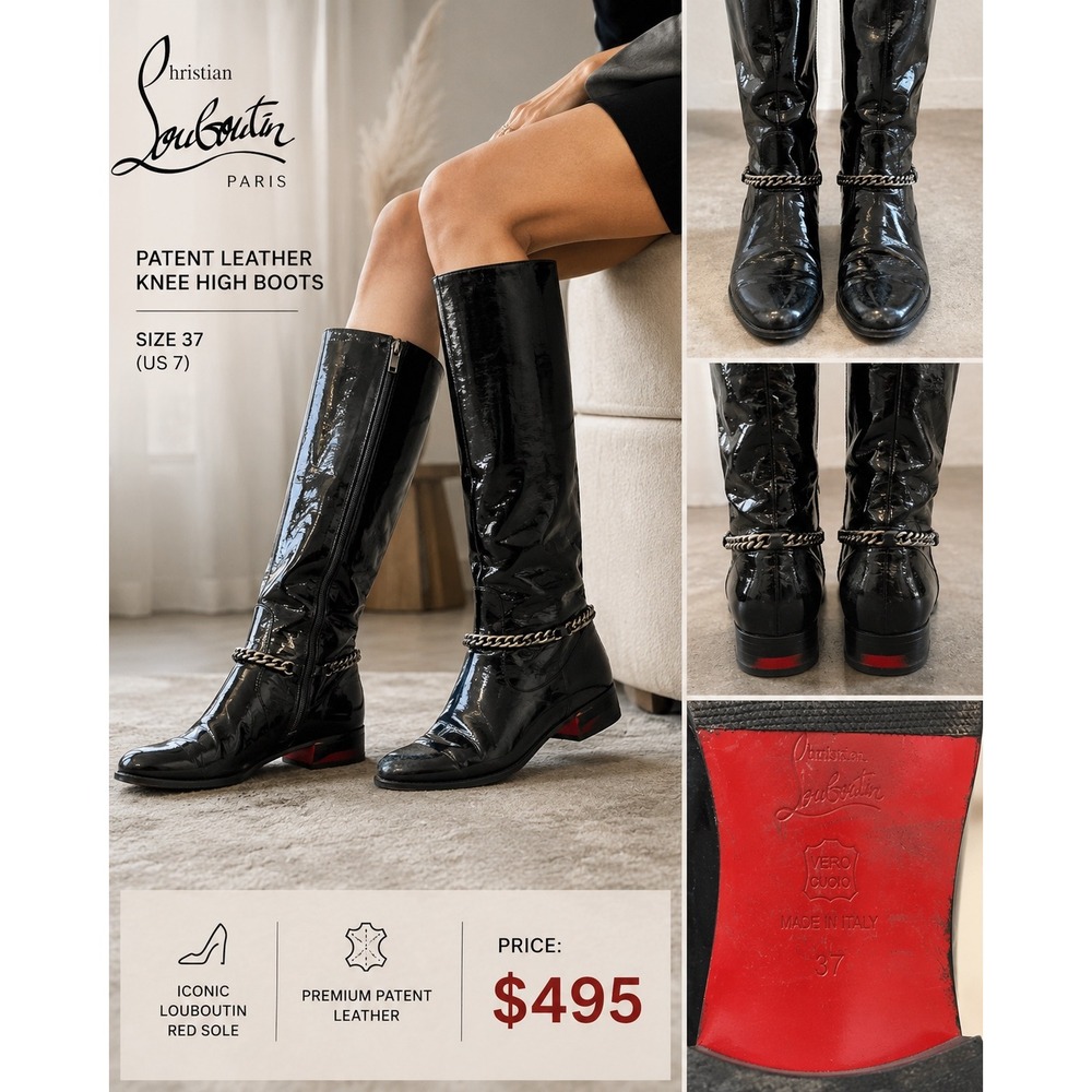 Christian Louboutin Black Patent Leather Chain Knee High Boots Red Sole 37 US 7
